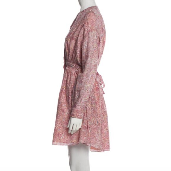 ULLA JOHNSON Floral Print Cotton Silk Long Sleeve Tie Back Dress 4 Pink - Picture 4 of 6